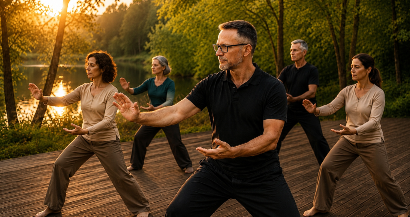 Ältere Personen machen gemeinsam Qigong in einem hellen Raum.
