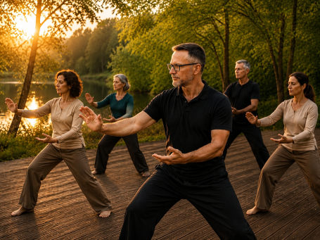 Ältere Menschen üben gemeinsam Qigong in einem sonnigen Park.