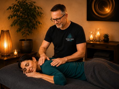 Eine Person erhält eine entspannende Rückenmassage in einem ruhigen Raum.
